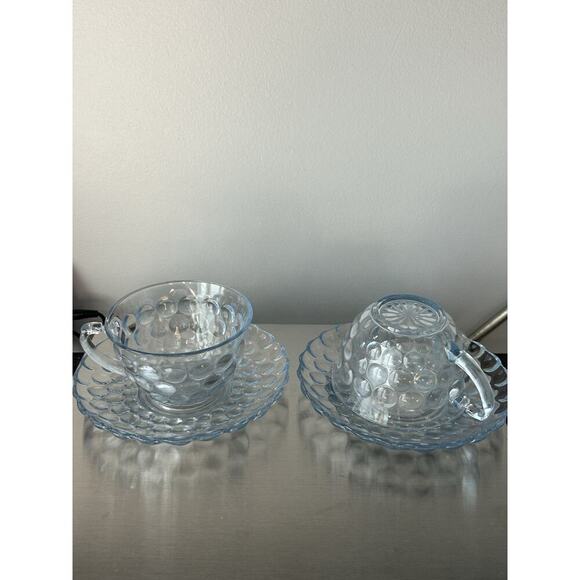 2 Anchor Hocking Fire King Blue Bubble Cup Saucer MCM 1940-1965 Coffee Tea - Picture 3 of 16